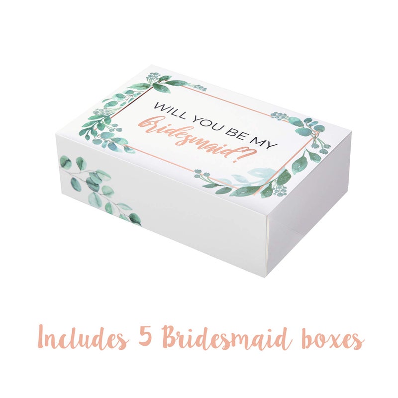 Pop Fizz Designs Bridesmaid Proposal Box Set - 6 Pack with 1 Maid of Honor and 5 Bridesmaid Boxes - Greenery with Rose Gold Foil - Image 4